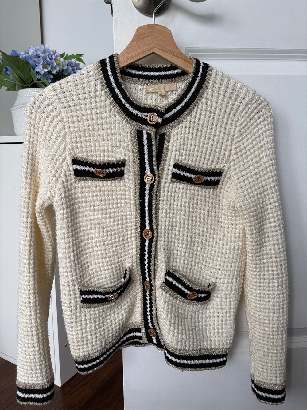 Maje Maquette Waffle-Knit Blend Cardigan Cream & Black